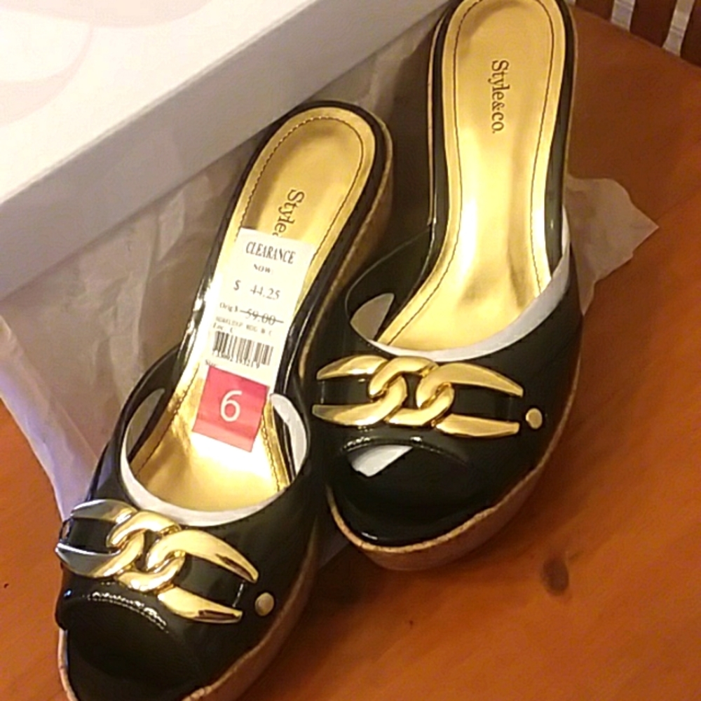 Style & Co. Black with gold metal detailing, wedge shoes.